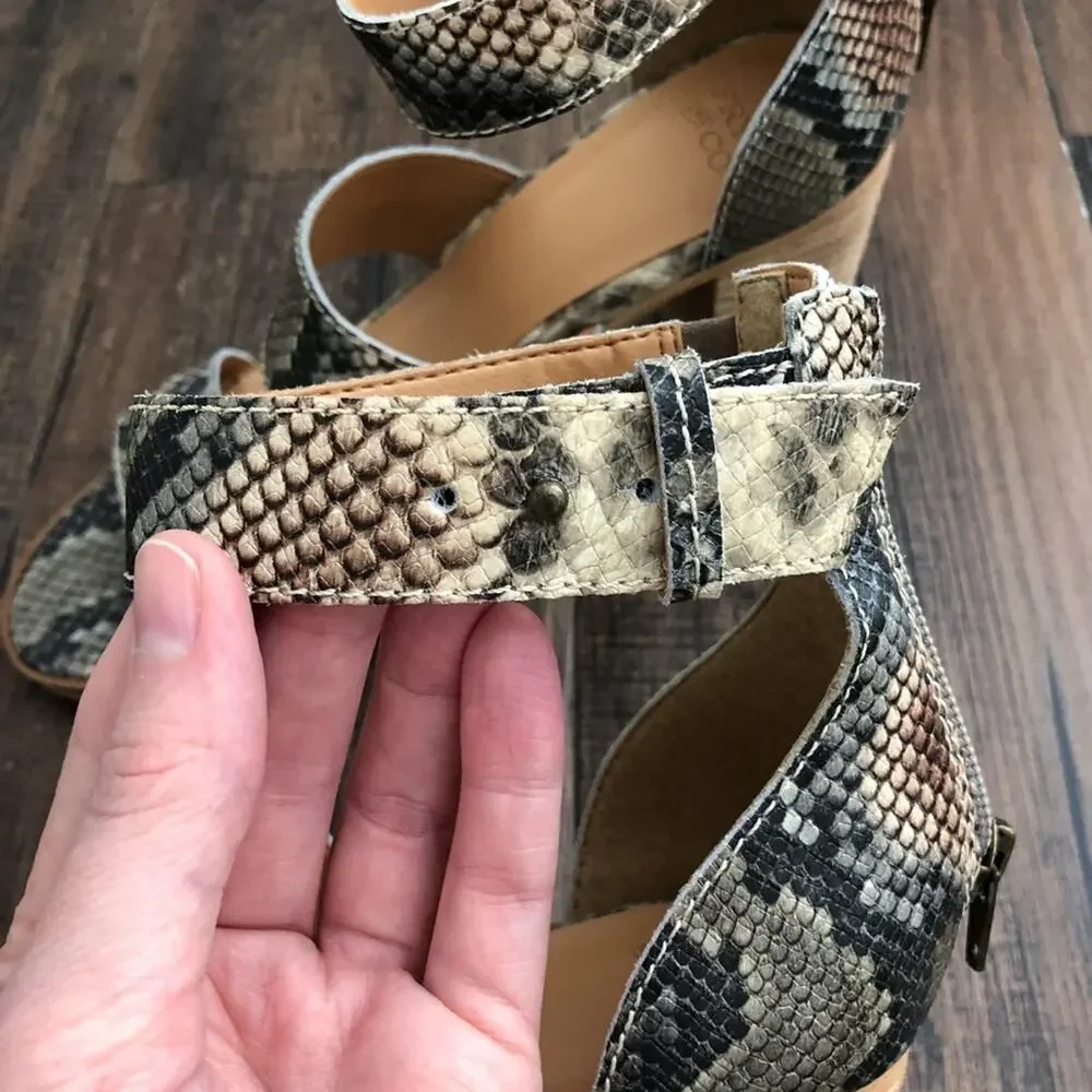 Frye & Co Ankle Strap Leather Sandal Block Heel Snakeskin Size 8.5 Gray Brown